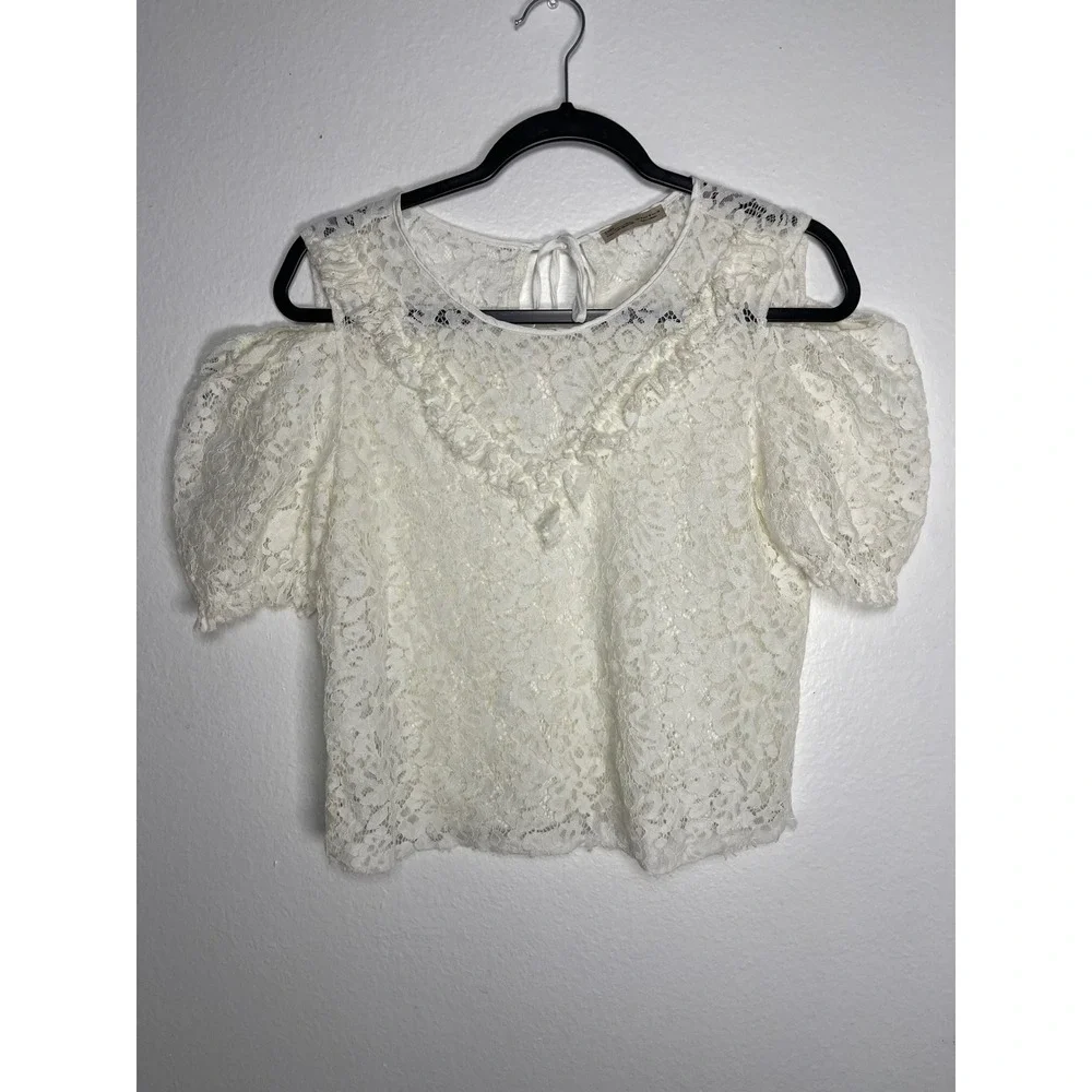 Zara Woman Basic Cream Floral Lace Cold Shoulder Puff Sleeve Ruffle Top Medium